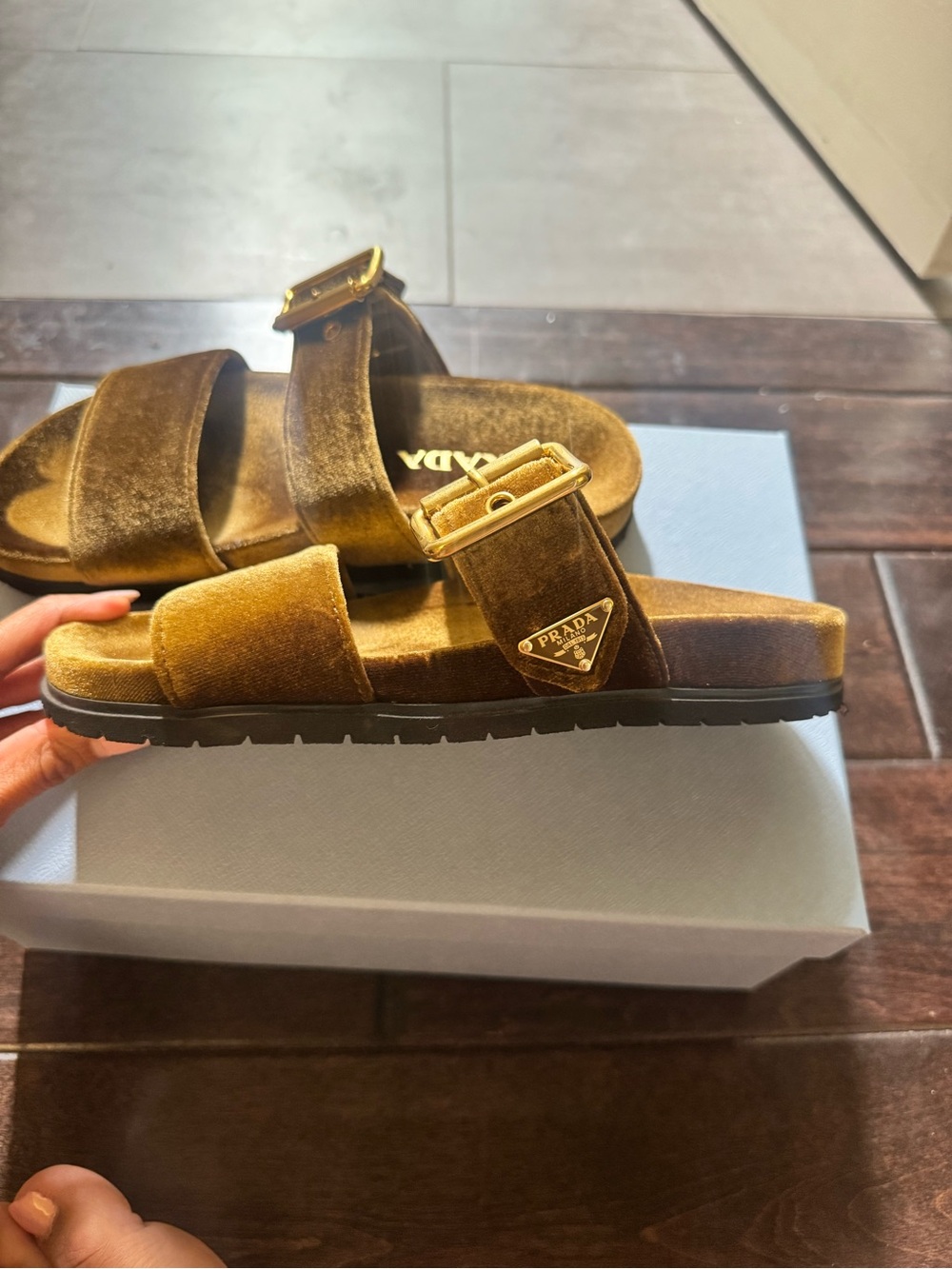 Prada Brown Velvet Slide Sandals with Gold Buckle